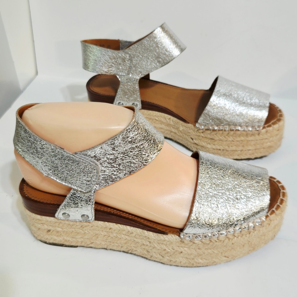 Franco Sarto Leo Espadrille Sandals Womens 6.5 Silver Metallic Platform raffia